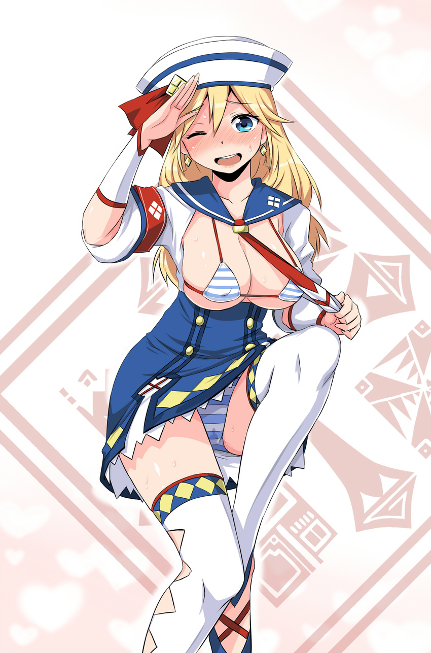 bikini bikini_top blonde_hair blue_eyes blush breasts covered_nipples dixie_cup_hat earrings full-face_blush hat highres jewelry large_breasts long_hair military_hat monster_hunter monster_hunter_3_g necktie quest_receptionist_(monster_hunter_3_ultimate) sailor_hat salute shiny shiny_skin skindentation striped striped_bikini striped_swimsuit swimsuit thighhighs zaxwu
