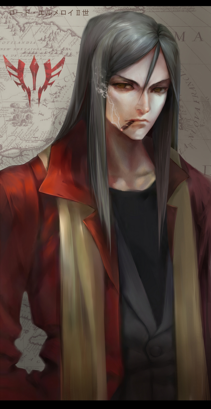 bad_id bad_pixiv_id bangs black_eyes black_hair cigar coat command_spell facial_hair fate/zero fate_(series) highres long_hair lord_el-melloi_ii male_focus older parted_bangs realistic scarf solo waver_velvet zkxandy