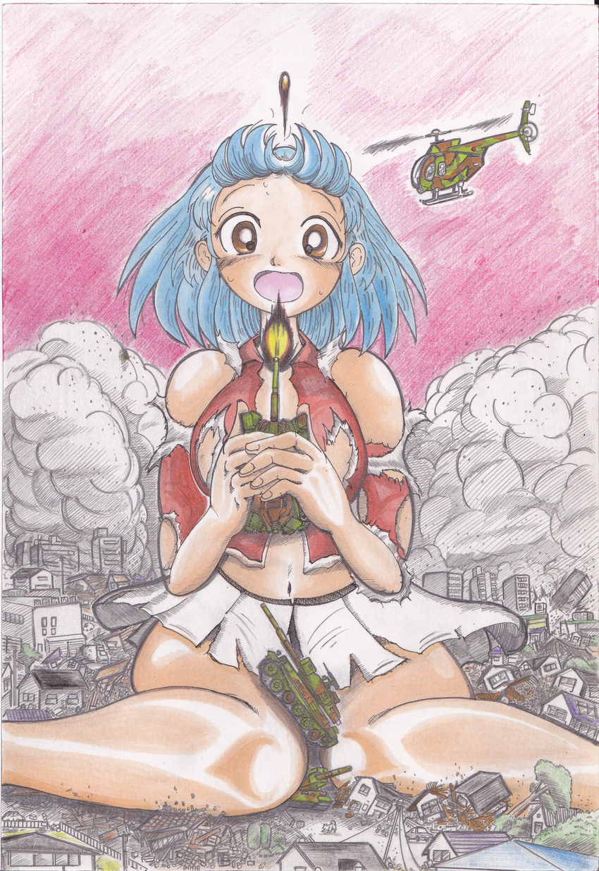absurdres blue_hair brown_eyes bunker_k city crush destruction dog giantess helicopter highres house military_vehicle open_mouth sitting surprised tank tree