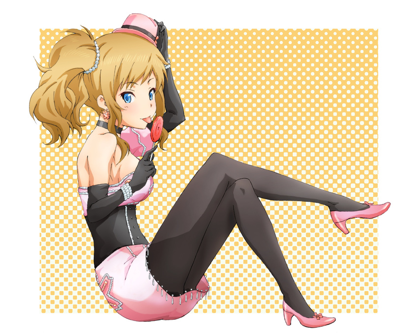 :p bare_shoulders black_legwear blue_eyes blush brown_hair candy choker crossed_legs earrings elbow_gloves food gloves hand_on_headwear hat highres idolmaster idolmaster_cinderella_girls jewelry licking lollipop looking_at_viewer ootsuki_yui pantyhose short_hair sitting solo suneo_(goten) tongue tongue_out