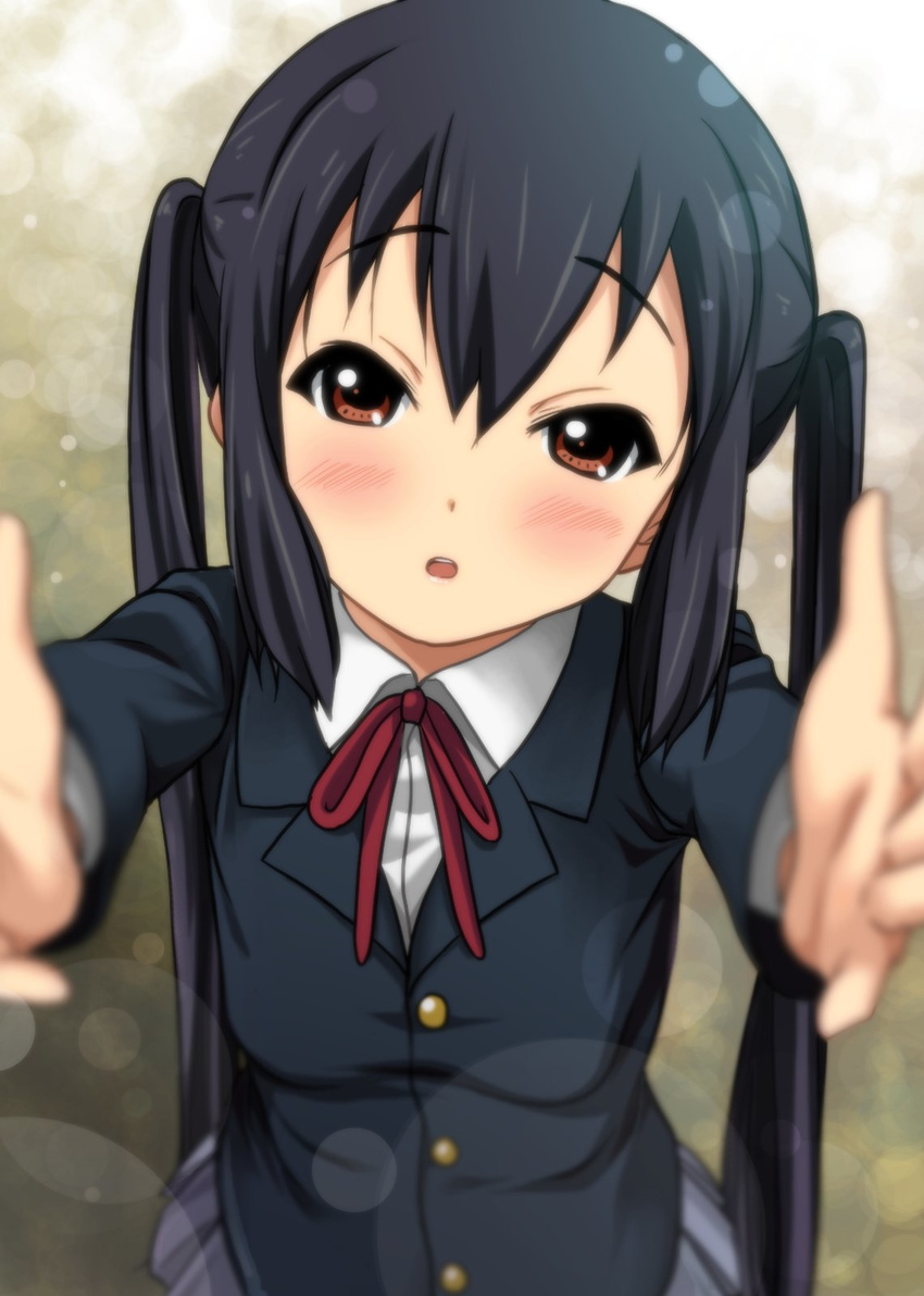 :o black_hair blazer blurry blush brown_eyes depth_of_field foreshortening highres jacket k-on! long_hair looking_at_viewer nakano_azusa outstretched_arms reaching ribbon ryunnu sakuragaoka_high_school_uniform school_uniform skirt solo twintails very_long_hair