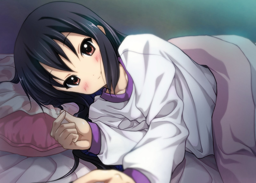 alternate_hairstyle bed black_hair blurry blush brown_eyes depth_of_field foreshortening hair_down highres k-on! long_hair looking_at_viewer lying nakano_azusa on_side outstretched_arm pajamas pillow pov ryunnu smile solo