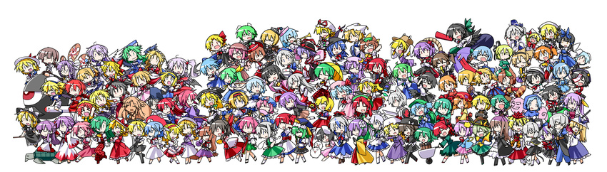 &gt;_&lt; 6+girls :d absolutely_everyone absurdres aki_minoriko aki_shizuha alcohol alice_margatroid alice_margatroid_(pc-98) animal_ears apron arm_cannon asakura_rikako ascot backpack bag bat_wings black_hair blonde_hair blue_eyes blue_hair book bow braid broom brown_eyes brown_hair bucket bunny_ears camera cape capelet cat cat_ears cellphone chen chibi cirno closed_eyes cuffs cup daiyousei double_bun dress elis_(touhou) ellen elly everyone evil_eye_sigma fan fang first_aid_kit flandre_scarlet flower food front_ponytail fruit fujiwara_no_mokou futatsuiwa_mamizou gengetsu genjii ghost gradient_hair green_dress green_eyes green_hair grey_hair gun hair_bow hair_ornament hair_ribbon hairband hakurei_reimu hakurei_reimu_(pc-98) handcuffs hat hat_bow hat_ribbon heart hemogurobin_a1c hieda_no_akyuu highres hijiri_byakuren hinanawi_tenshi hong_meiling horn horns hoshiguma_yuugi houjuu_nue houraisan_kaguya ibaraki_kasen ibuki_suika in_bucket in_container inaba_tewi instrument inubashiri_momiji izayoi_sakuya japanese_clothes kaenbyou_rin kagiyama_hina kaku_seiga kamishirasawa_keine kana_anaberal kariginu kasodani_kyouko kawashiro_nitori kazami_yuuka kazami_yuuka_(pc-98) keyboard_(instrument) kikuri_(touhou) kirisame_marisa kirisame_marisa_(pc-98) kisume kitashirakawa_chiyuri koakuma kochiya_sanae komeiji_koishi komeiji_satori konngara konpaku_youmu konpaku_youmu_(ghost) kotohime kumoi_ichirin kurodani_yamame kurumi_(touhou) letty_whiterock long_hair luize luna_child lunasa_prismriver lyrica_prismriver mai_(touhou) maid maid_headdress maribel_hearn medicine_melancholy meira merlin_prismriver mima mimi-chan miyako_yoshika mizuhashi_parsee mononobe_no_futo morichika_rinnosuke moriya_suwako mouse_ears mugetsu multicolored_hair multiple_boys multiple_girls murasa_minamitsu mystia_lorelei nagae_iku nazrin okazaki_yumemi onozuka_komachi open_mouth orange_(touhou) orange_hair orb pants parasol patchouli_knowledge peach phone pink_hair pointy_ears purple_eyes purple_hair red_eyes red_hair reisen_udongein_inaba reiuji_utsuho remilia_scarlet ribbon rifle rika_(touhou) rose rumia saigyouji_yuyuko sakazuki sake sara_(touhou) sariel scythe shameimaru_aya shanghai_doll shield shiki_eiki shingyoku shinki short_hair side_ponytail silver_hair skirt skirt_set smile soga_no_tojiko sokrates_(touhou) star star_sapphire sunny_milk sword tatara_kogasa teacup tokiko_(touhou) toramaru_shou touhou touhou_(pc-98) toyosatomimi_no_miko tray trumpet turtle twin_braids two_side_up ufo umbrella unzan usami_renko violin weapon wheelbarrow wings witch_hat wolf_ears wriggle_nightbug xd yagokoro_eirin yakumo_ran yakumo_yukari yasaka_kanako yellow_eyes yuki_(touhou) yumeko yuugenmagan