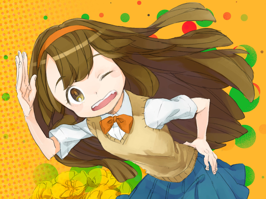 bad_id bad_pixiv_id brown_eyes brown_hair hairband highres inazuma_eleven_(series) inazuma_eleven_go inazuma_eleven_go_chrono_stone long_hair nanobana_kinako one_eye_closed orange_hairband salute smile sweater_vest