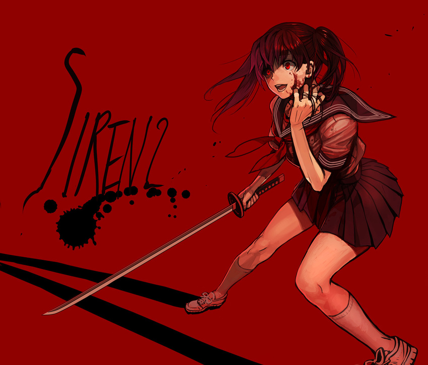 agasang blood blood_on_face brown_hair copyright_name crazy crazy_eyes holding holding_sword holding_weapon katana kneehighs neckerchief open_mouth pleated_skirt red_background red_eyes school_uniform serafuku shoes short_sleeves siren siren_2 skirt sneakers solo standing sword twintails weapon white_legwear yagura_ichiko