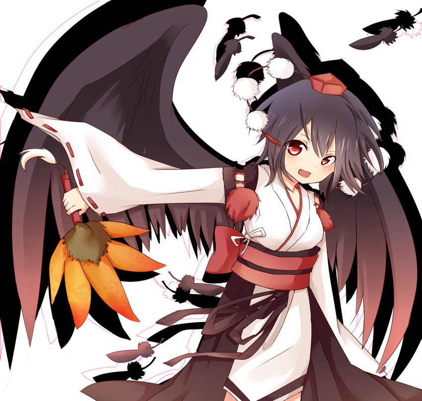 black_hair black_wings hat highres kourindou_tengu_costume looking_at_viewer open_mouth red_eyes shameimaru_aya short_hair smile solo tokin_hat tosura-ayato touhou wings