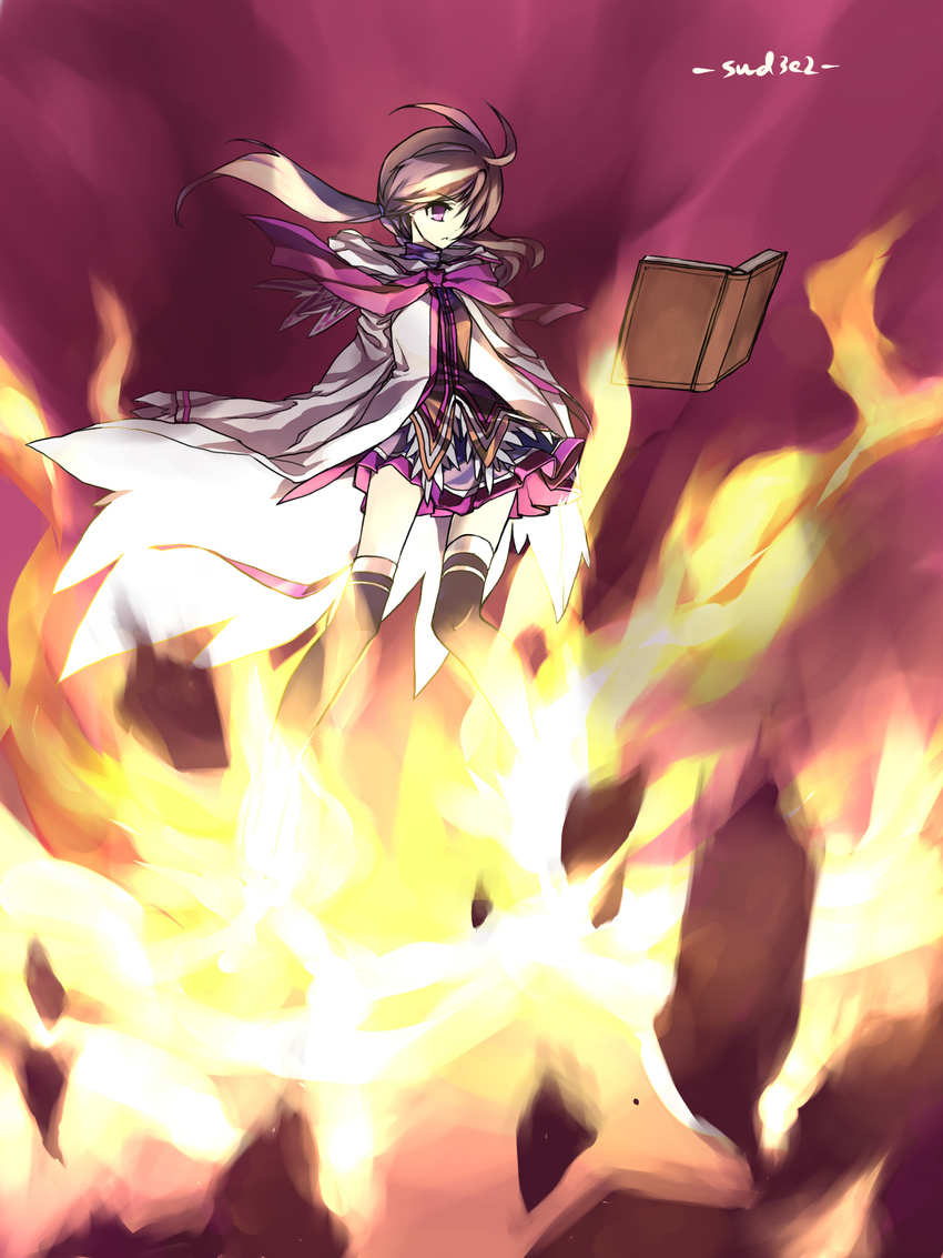 aisha_(elsword) artist_name bad_id bad_pixiv_id book coat elemental_master_(elsword) elsword fire highres long_hair ponytail purple purple_background purple_eyes purple_hair purple_skirt skirt solo swd3e2 thighhighs