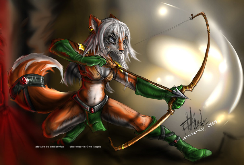 ambberfox archer arrow boots bow_(weapon) canine clothed clothing doing_it_wrong ear_piercing female fox gloves hair loincloth mammal piercing ranged_weapon skimpy solo weapon white_hair