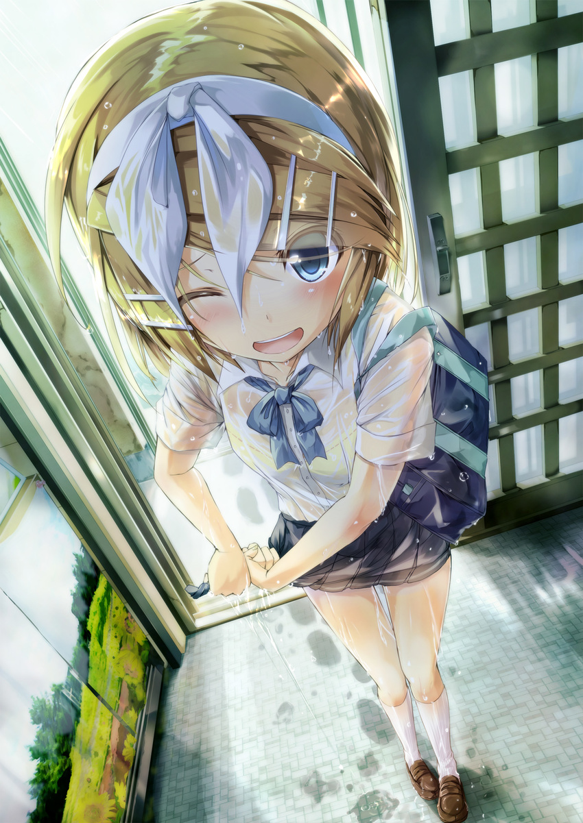 ;d bag blonde_hair blue_eyes blush bra daidou_(demitasse) from_above hair_ornament hair_ribbon hairband hairclip highres kagamine_rin loafers one_eye_closed open_mouth ribbon school_bag school_uniform see-through shoes short_hair skirt smile socks solo underwear vocaloid wet wet_clothes white_legwear wringing_clothes wringing_skirt