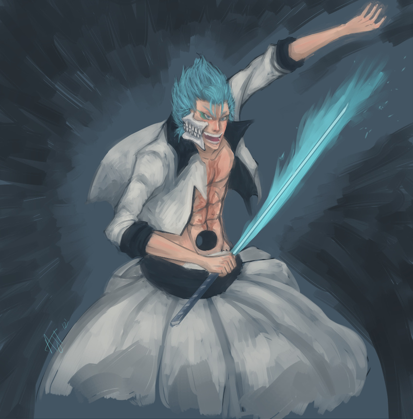 1boy abs action arrancar bleach blue blue_eyes blue_hair espada glow glowing grimmjow_jaegerjaquez hollow jummony katana make_up makeup male male_focus mask open_mouth pose resurreccion resurreccion:_pantera scar short_hair skull solo spiked_hair sword vasto_lorde weapon zanpakuto