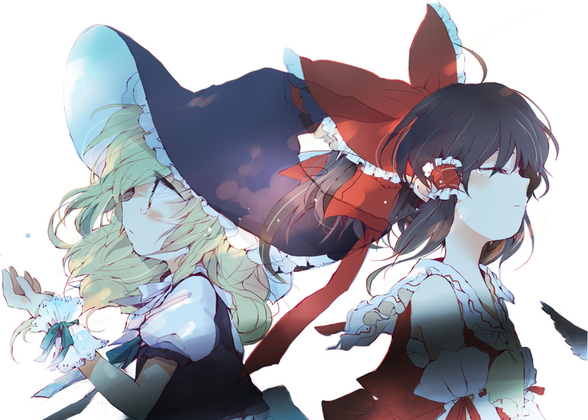 arm_up ascot back-to-back bare_shoulders black_hair blonde_hair bow braid closed_eyes cuffs detached_sleeves frilled_hat frills hair_bow hair_tubes hakurei_reimu hat hat_bow kirisame_marisa long_hair messy_hair multiple_girls poprication profile puffy_sleeves short_hair short_sleeves simple_background single_braid tears touhou wavy_hair white_background witch_hat yellow_eyes
