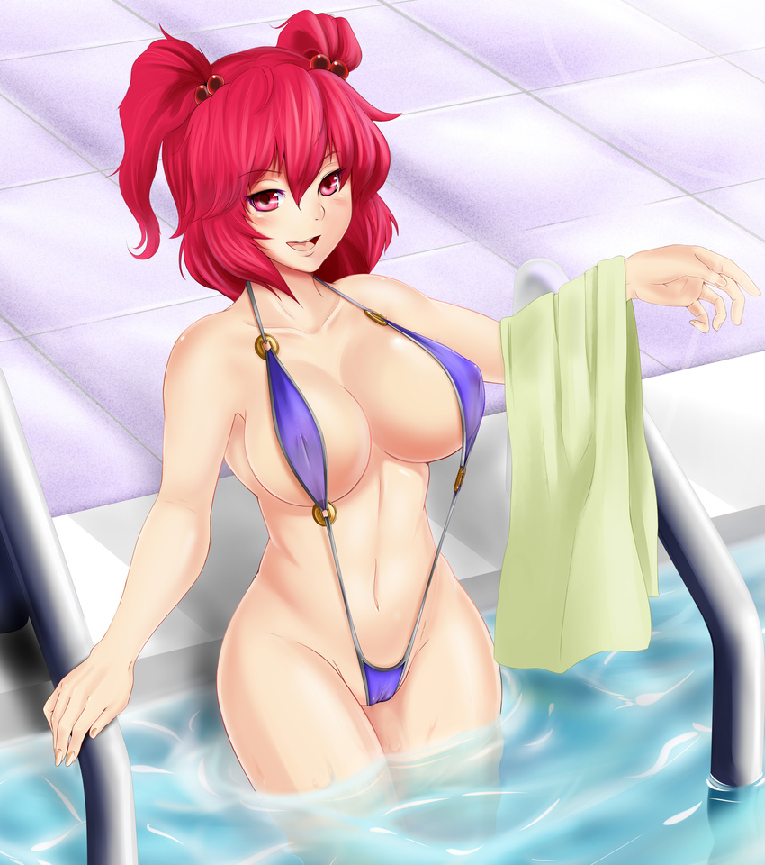 :d absurdres alternate_costume arm_up blush breasts cameltoe collarbone covered_nipples curvy eyelashes fingernails groin hair_bobbles hair_ornament highres large_breasts long_fingernails meganemausu nail_polish naughty_face navel onozuka_komachi open_mouth pool pool_ladder poolside red_eyes red_hair see-through short_hair slingshot_swimsuit smile solo swimsuit touhou towel two_side_up water wide_hips