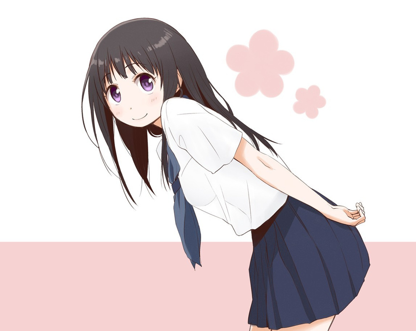 black_hair chitanda_eru hyouka leaning_forward long_hair mikami_komata multiple_girls purple_eyes school_uniform serafuku smile