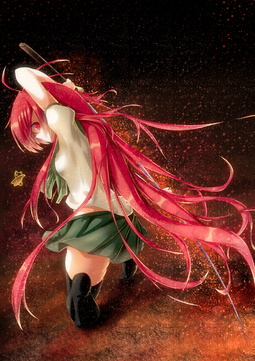 alastor_(shakugan_no_shana) arm_up asahi_(ge_nyu) bad_id bad_pixiv_id bare_arms black_legwear blouse bow breasts dutch_angle from_behind full_body green_skirt highres holding holding_sword holding_weapon jewelry long_hair looking_at_viewer looking_back miniskirt no_shoes one_knee pendant profile puffy_short_sleeves puffy_sleeves red_eyes red_hair school_uniform serafuku shakugan_no_shana shana short_sleeves skirt small_breasts straight_hair sword thighhighs unsheathed very_long_hair weapon white_blouse