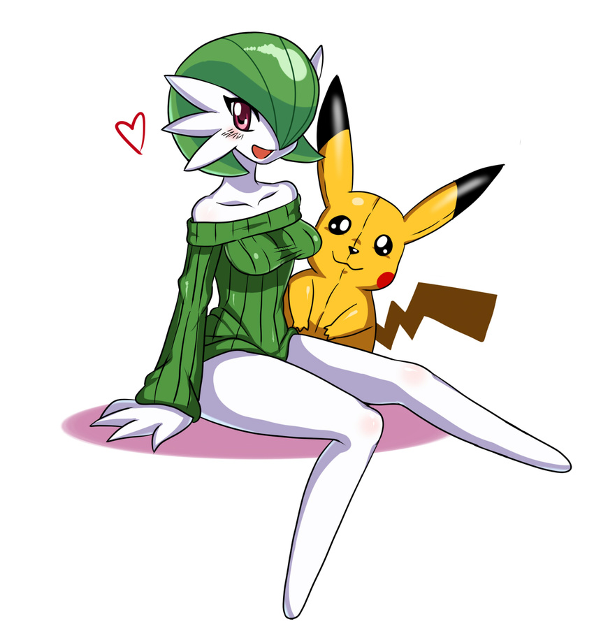 :3 anthrofied breasts clothed_pokemon clothing duo eric_lowery female gardevoir green_hair green_skin hair highres nintendo no_humans pikachu plushie pok&#233;mon pok&#233;morph pokemon red_eyes shirt simple_background ss2_(artist) sssonic2 stuffed_toy sweater video_games white_skin