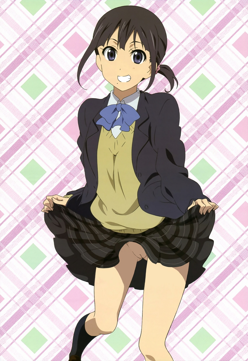 1girl blue_eyes brown_hair happy highres kokoro_connect kokoroconnect nagase_iori no_panties nude_filter nyantype photoshop pussy skirt skirt_lift smile solo uncensored