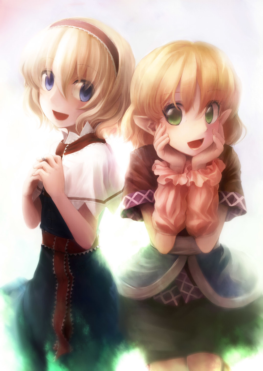 alice_margatroid arm_warmers blonde_hair blue_dress blue_eyes capelet dress green_eyes hairband hands_on_own_cheeks hands_on_own_face highres ikamagu jewelry looking_at_viewer mizuhashi_parsee multiple_girls open_mouth pointy_ears ring sash shirt short_hair skirt smile touhou