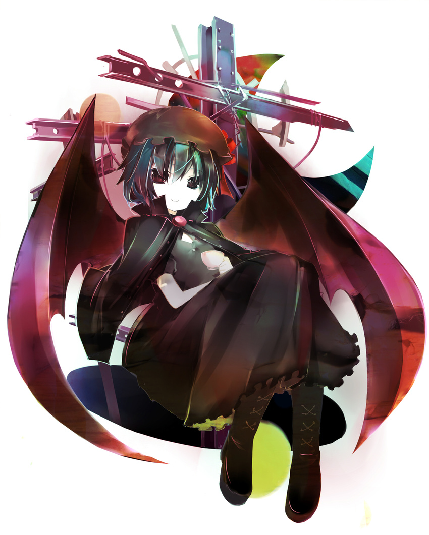 aqua_hair bat_wings black_dress black_footwear boots brooch capelet colorful crescent_moon cross-laced_footwear cup dress full_body hat highres i-beam jewelry katame_(irritate) lace-up lace-up_boots moon remilia_scarlet short_hair smile solo teacup touhou white_background wings