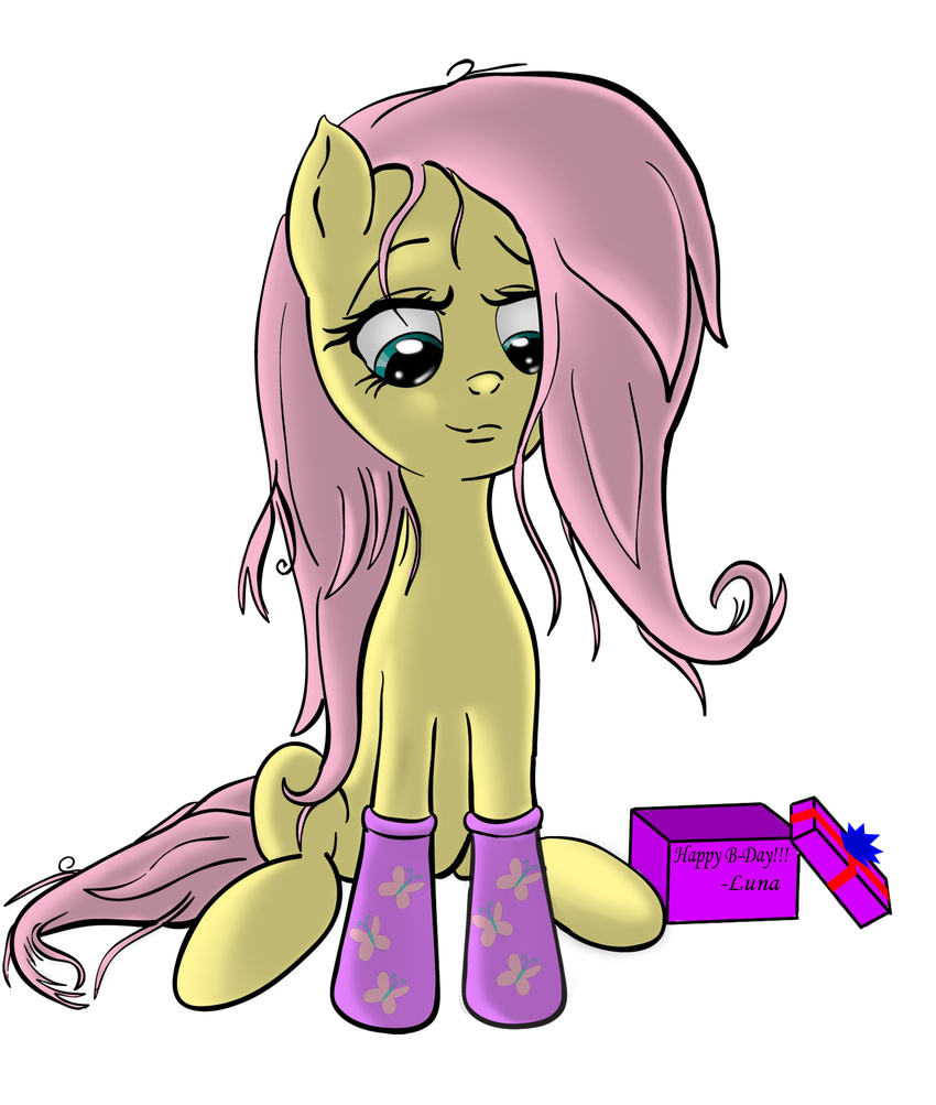 alpha_channel arthropod bow box butterfly equine female feral fluttershy_(mlp) friendship_is_magic gift green_eyes hair hereticofdune hi_res horse insect mammal my_little_pony pink_hair plain_background pony simple_background sitting socks solo transparent_background