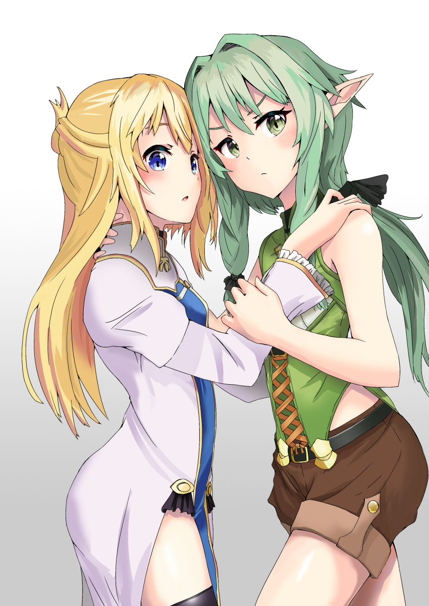 absurdres bangs bare_shoulders black_legwear black_ribbon blonde_hair blue_eyes blush brown_shorts commentary cowboy_shot from_side frown goblin_slayer! gradient gradient_background green_eyes green_hair grey_background hair_ribbon high_elf_archer_(goblin_slayer!) highres jtleeklm long_hair long_sleeves looking_at_viewer multiple_girls open_mouth pointy_ears priestess_(goblin_slayer!) ribbon short_shorts shorts thighhighs white_background yuri