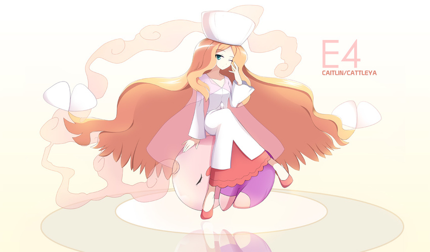 bangs big_hair cattleya_(pokemon) character_name crossed_legs dress elite_four flats frilled_dress frills full_body gen_5_pokemon green_eyes hand_on_own_face hat long_hair musharna one_eye_closed parted_bangs pokemon pokemon_(creature) pokemon_(game) pokemon_bw sitting southern-panda very_long_hair