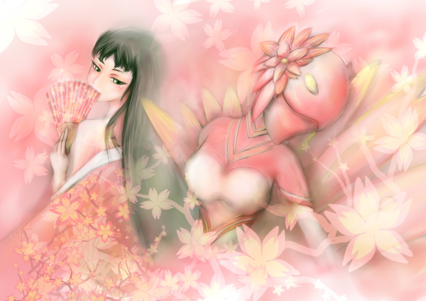 amagi_yukiko atlus black_hair fan flower japanese_clothes kimono konohana_sakuya long_hair persona persona_4