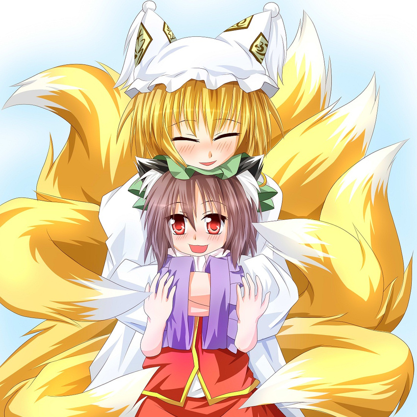 animal_ears bad_id bad_pixiv_id blonde_hair brown_hair cat_ears chen closed_eyes fox_tail hands_in_opposite_sleeves hat hug hug_from_behind kmkm9696 multiple_girls multiple_tails open_mouth red_hair short_hair smile tail touhou yakumo_ran