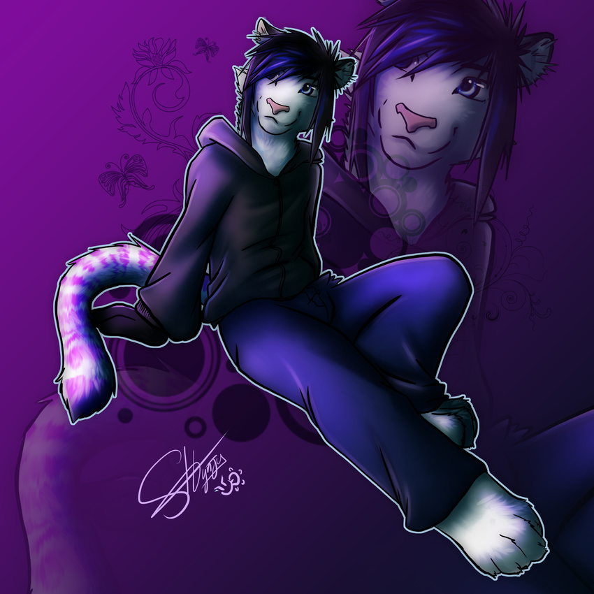 blue_eyes blue_hair butterflies butterfly clothing dyed_hair ear_tuft feline fur gloves hair hindpaw hoodie insect jeans logic_kennedy mammal paws pink_nose purple purple_background purple_body purple_hair purple_theme shynjy smile tiger tuft white_tiger
