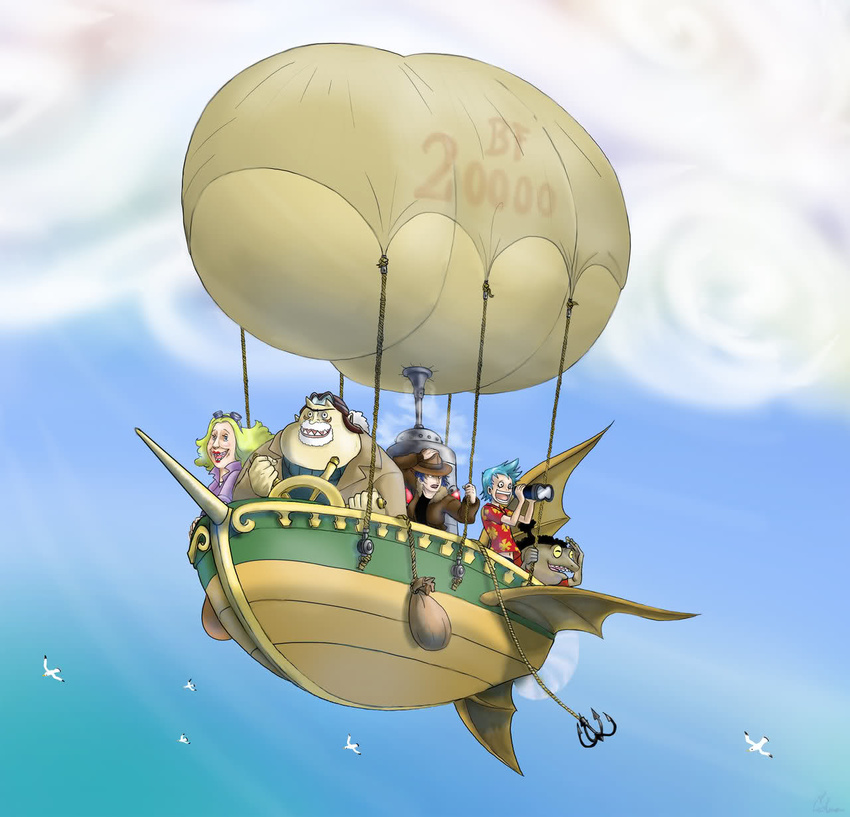 1girl 3boys airship beard black_hair blonde_hair blue_hair cutty_flam facial_hair flying franky frog goggles highres iceburg jacket kokoro_(one_piece) male mermaid monster_boy monster_girl multiple_boys one_piece ship tom water_7 white_hair yokozuna