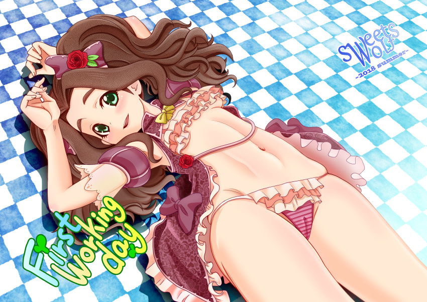 :d absurdres aqua_eyes arms_up bikini bow bowtie brown_hair cameltoe checkered checkered_background cover cover_page dated detached_sleeves english flower frilled_bikini frills groin hair_bow hair_flower hair_ornament highres huge_filesize idolmaster idolmaster_cinderella_girls kusakabe_wakaba looking_at_viewer lying navel on_back open_mouth pink_bikini puffy_short_sleeves puffy_sleeves sample short_sleeves smile solo striped_bikini_bottom sweetswolf swimsuit yellow_bow