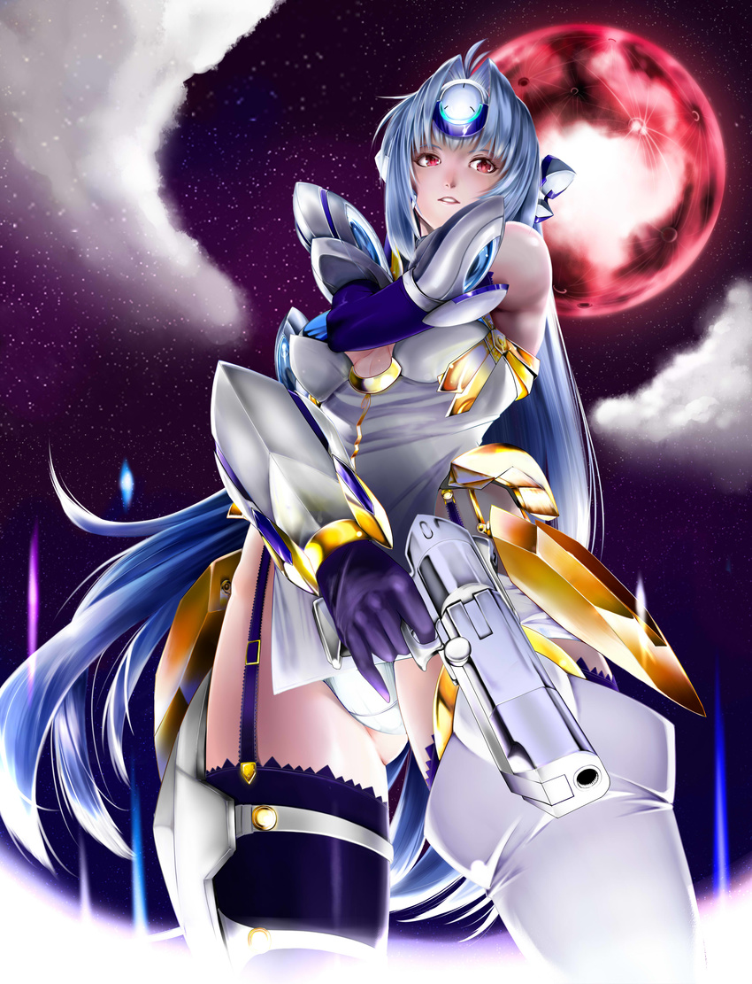 absurdres blue_hair elbow_gloves expressionless from_below gloves headpiece highres kos-mos kos-mos_ver._4 kurihara_kenshirou long_hair looking_at_viewer looking_down orb panties red_eyes solo standing thighhighs underwear vambraces very_long_hair weapon xenosaga xenosaga_episode_iii