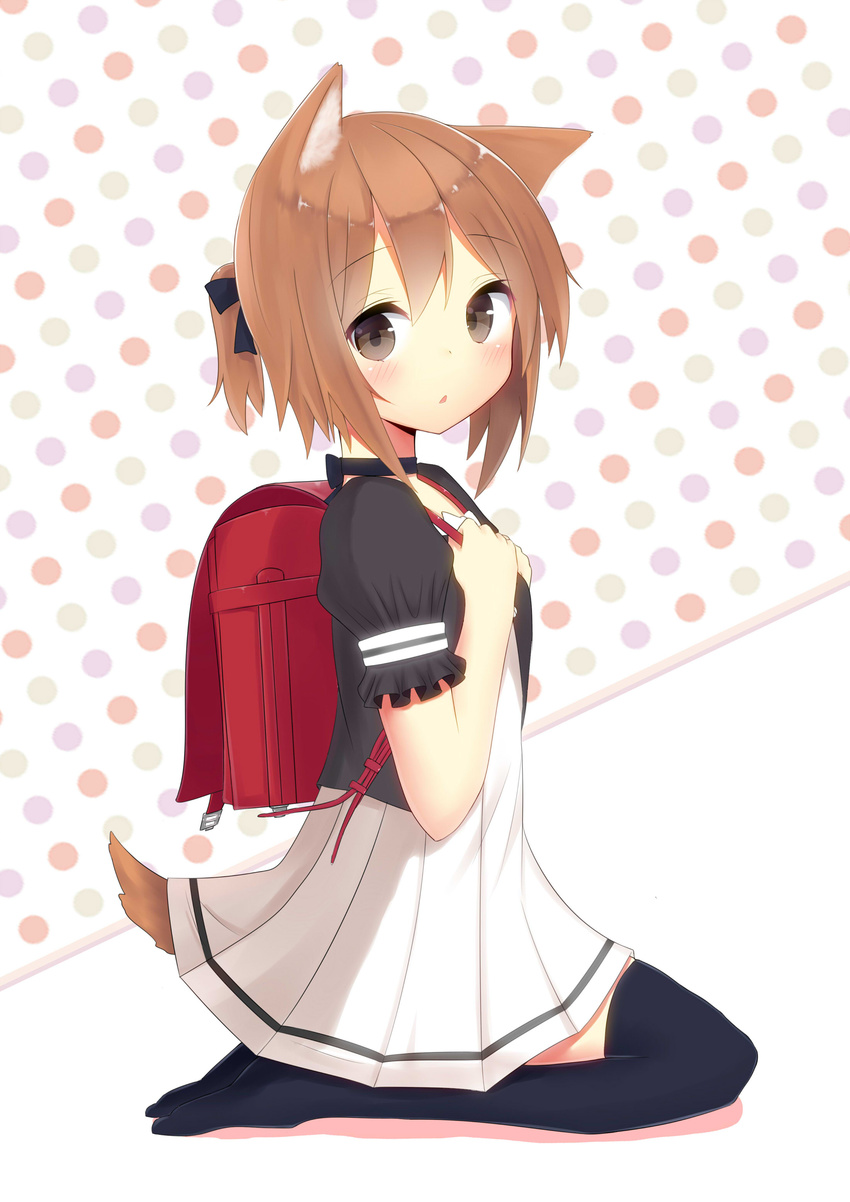 absurdres animal_ears backpack bad_id bad_pixiv_id bag black_legwear blush brown_eyes brown_hair hair_ribbon highres kneehighs looking_at_viewer morinaoekaki morinas open_mouth original polka_dot polka_dot_background randoseru ribbon school_uniform seiza short_hair short_ponytail sitting solo tail thighhighs