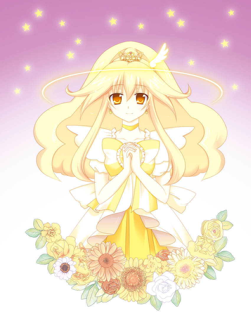 ahiduck blonde_hair bow bowtie brooch choker cure_peace dress earrings flower gradient gradient_background hair_flaps halo hands_clasped highres jewelry kise_yayoi long_hair magical_girl own_hands_together precure princess_form_(smile_precure!) purple_background skirt smile smile_precure! solo star sunflower tiara white_background yellow yellow_bow yellow_choker yellow_dress yellow_eyes yellow_neckwear yellow_skirt