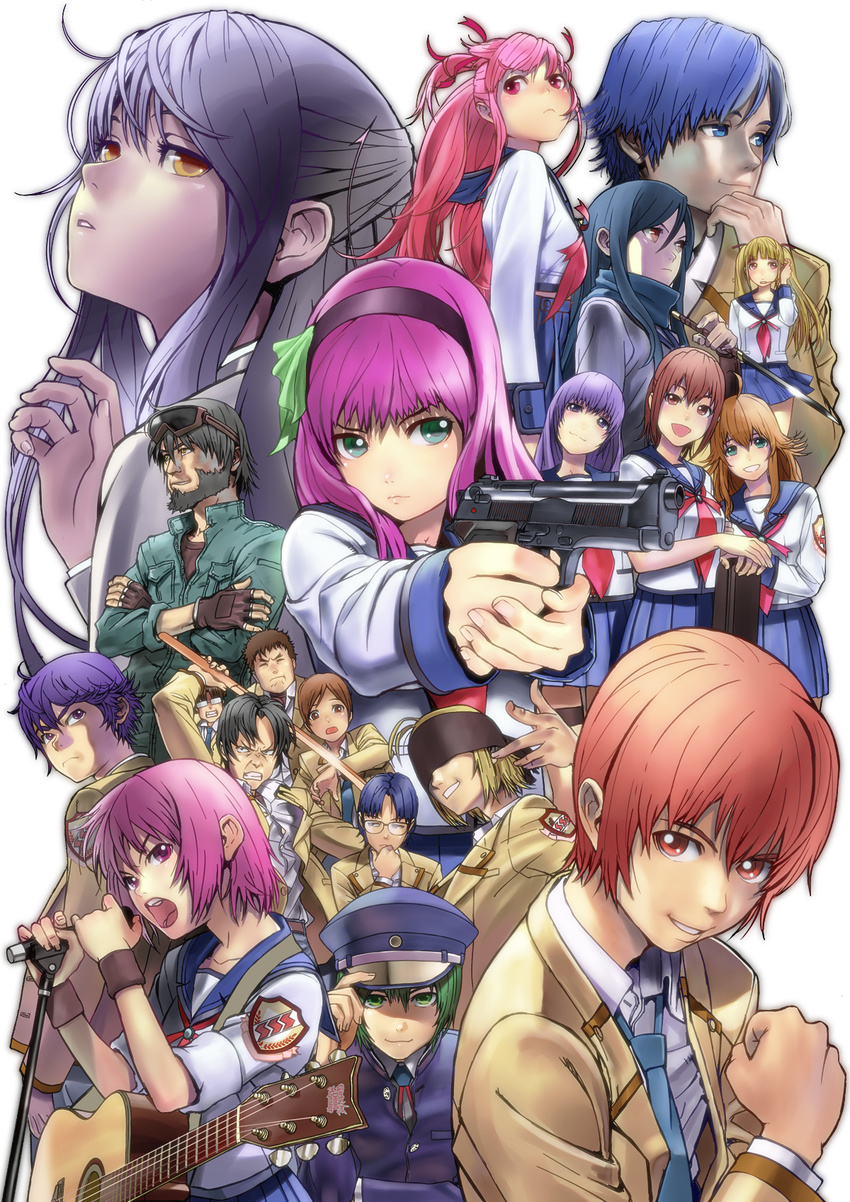 6+girls angel_beats! char_(angel_beats!) everyone fujimaki_(angel_beats!) guitar gun hat highres hinata_(angel_beats!) hisako_(angel_beats!) instrument iwasawa manbou_(manvow) matsushita microphone microphone_stand multiple_boys multiple_girls naoi_ayato noda_(angel_beats!) ooyama_(angel_beats!) otonashi_(angel_beats!) school_uniform serafuku shiina_(angel_beats!) shinda_sekai_sensen_uniform sleeves_rolled_up takamatsu takeyama_(angel_beats!) tenshi_(angel_beats!) tk_(angel_beats!) transparent_background weapon yui_(angel_beats!) yuri_(angel_beats!)