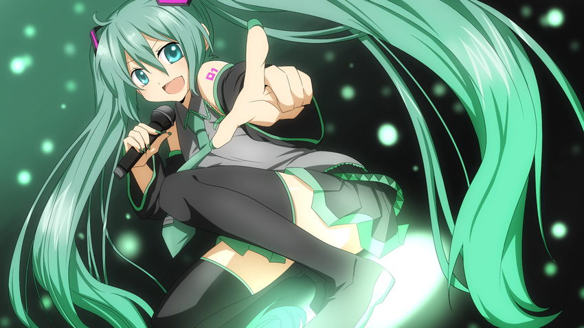 aqua_eyes aqua_hair detached_sleeves hatsune_miku highres long_hair looking_at_viewer microphone nail_polish necktie open_mouth pointing pointing_at_viewer rumia_(compacthuman) skirt solo thighhighs twintails very_long_hair vocaloid zettai_ryouiki