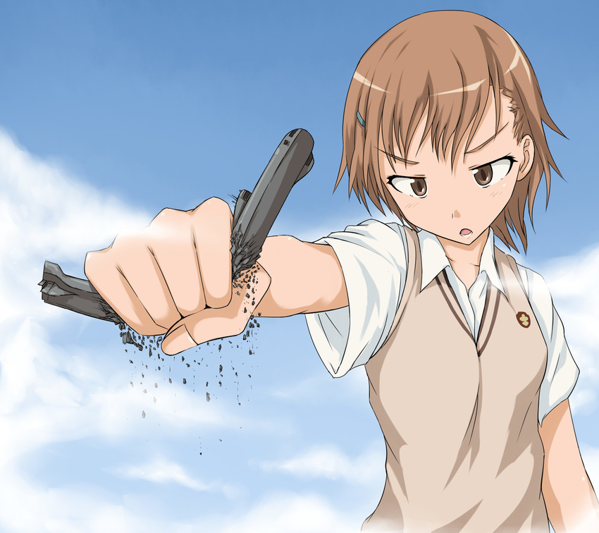 angry brown_eyes brown_hair cloud clouds crush giantess highres misaka_mikoto school_uniform terada_ochiko to_aru_kagaku_no_railgun to_aru_majutsu_no_index