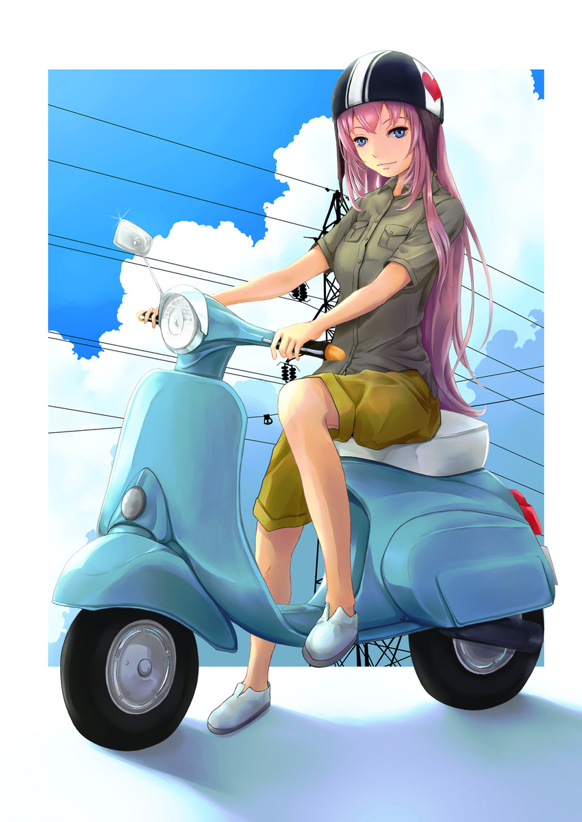 blue_eyes cloud day ground_vehicle helmet highres long_hair looking_at_viewer megurine_luka motor_vehicle museum2088 no_socks power_lines scooter sky smile solo very_long_hair vespa vocaloid