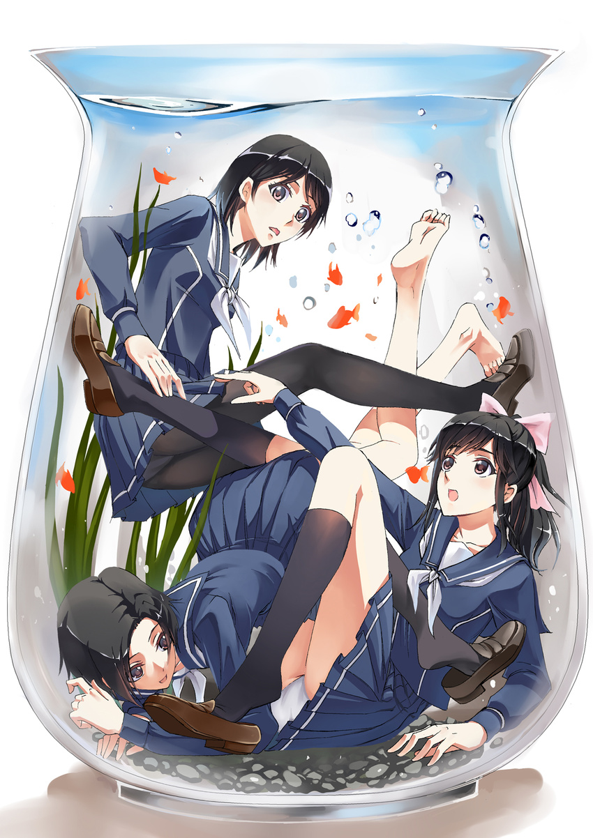 :d anegasaki_nene barefoot black_hair black_legwear brown_eyes bubble fish fishbowl goldfish highres in_bowl in_container kobayakawa_rinko love_plus multiple_girls open_mouth panties panties_under_pantyhose pantyhose pleated_skirt ponytail school_uniform serafuku shoe_dangle short_hair skirt smile soles streamingsun submerged takane_manaka underwear water wet wet_clothes white_panties