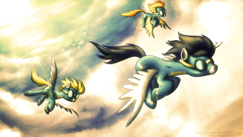 black_hair blonde_hair cloud clouds cutie_mark detailed_background equine eyewear female feral flying fongsaunder friendship_is_magic goggles group hair horse male mammal my_little_pony orange_hair pegasus pony skinsuit sky soarin_(mlp) spitfire_(mlp) sun wings wonderbolts_(mlp)