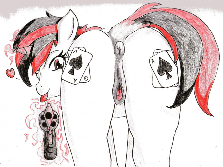 &#9824; ace_of_spades anatomically_correct anatomically_correct_pussy animal_genitalia anus black_hair blackjack blackjack_(mlp) card cards clitoral_winking clitoris equine equine_pussy fallout fallout-equestria:project-horizons fallout_equestria female feral gun hair horn magic mammal my_little_pony playing_card project_horizons pussy ranged_weapon red_eyes red_hair revolver solo tongue tongue_out two_tone_hair unicorn weapon