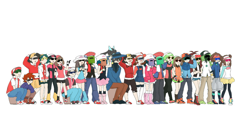 6+girls absurdres blue_(pokemon) crystal_(pokemon) dual_persona everyone gen_(pokemon) gen_4_pokemon gold_(pokemon) haruka_(pokemon) highres hikari_(pokemon) kotone_(pokemon) kouki_(pokemon) kyouhei_(pokemon) lucario mei_(pokemon) multiple_boys multiple_girls n_(pokemon) ookido_green pantyhose pokemon pokemon_(creature) pokemon_(game) pokemon_bw pokemon_bw2 pokemon_dppt pokemon_frlg pokemon_gsc pokemon_hgss pokemon_rse red_(pokemon) red_(pokemon_frlg) red_(pokemon_rgby) silver_(pokemon) sowako_(sowakoo) touko_(pokemon) touya_(pokemon) yuuki_(pokemon)