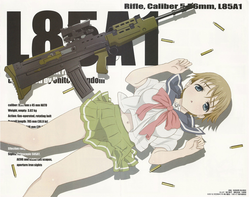 blue_eyes breasts brown_hair gun highres l85a1_(upotte!!) school_uniform short_hair takami_akio upotte!! weapon