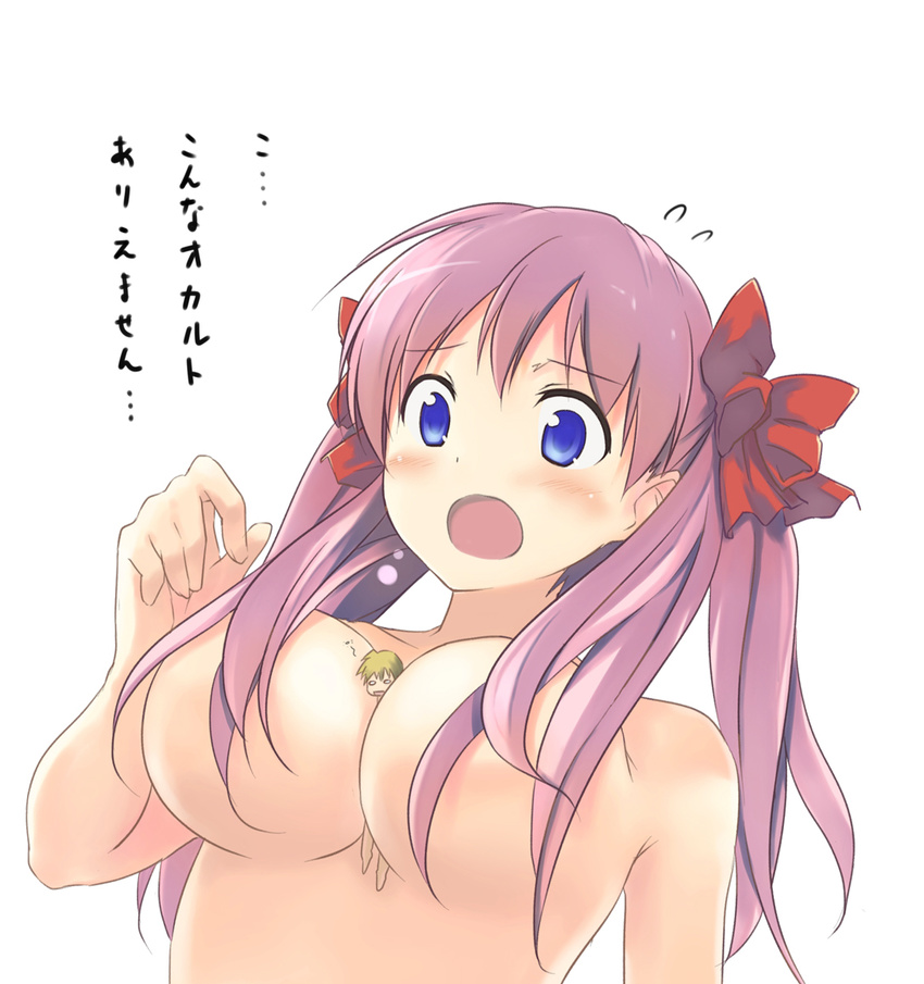 1girl between_breasts blonde_hair bow breasts flying_sweatdrops giantess hachimitsu_(hachimitsu_pot) hair_bow hair_over_breasts haramura_nodoka hetero large_breasts miniboy nude person_between_breasts pink_hair saki saki_achiga-hen simple_background solo_focus suga_kyoutarou translated twintails white_background