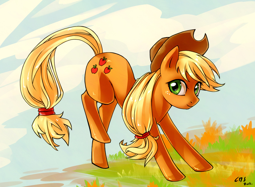 abstract_background applejack_(mlp) blonde_hair cowboy_hat cutie_mark equine female feral friendship_is_magic green_eyes hair hat horse katiramoon looking_at_viewer mammal my_little_pony pony smile solo