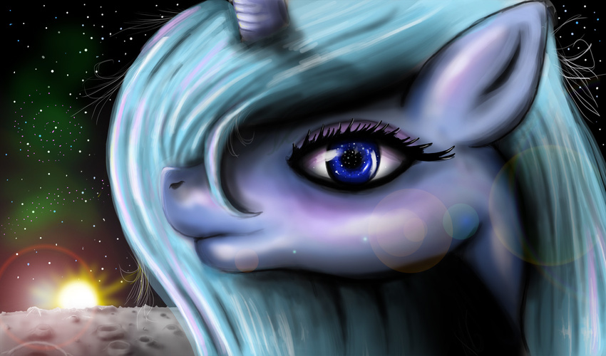 blue_eyes equine female friendship_is_magic green_hair hair hereticofdune horn horse looking_at_viewer mammal moon my_little_pony pony princess_luna_(mlp) simple_background solo space stars sun unicorn