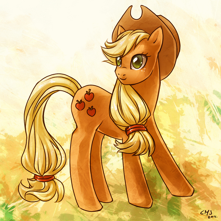 abstract_background applejack_(mlp) blonde_hair cowboy_hat cutie_mark equine female feral freckles friendship_is_magic green_eyes hair hat horse katiramoon mammal my_little_pony pony smile solo