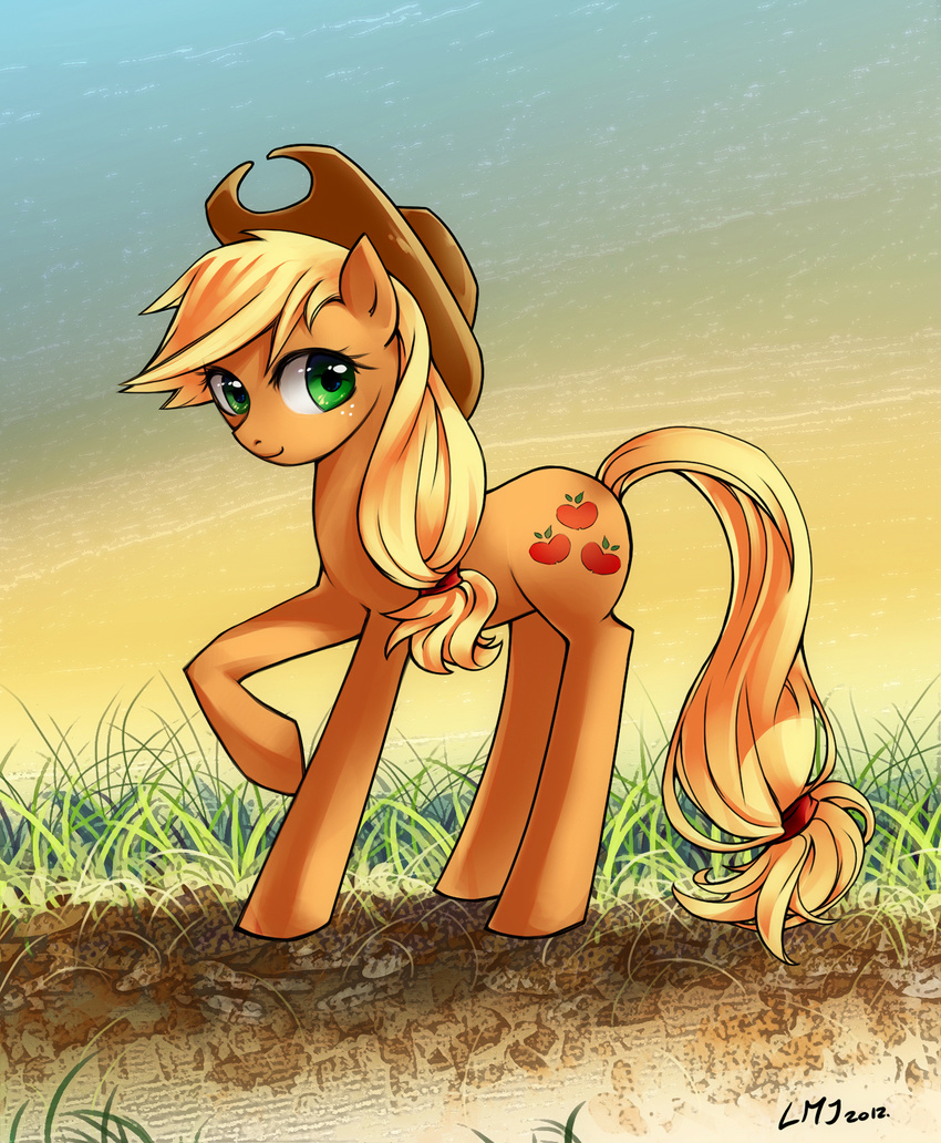 applejack_(mlp) blonde_hair cowboy_hat cutie_mark detailed_background equine female feral freckles friendship_is_magic grass green_eyes hair hat horse katiramoon looking_at_viewer mammal my_little_pony pony smile solo