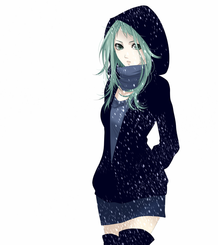 black_legwear green_eyes green_hair gumi highres hood hoodie looking_at_viewer naoto scarf short_hair simple_background snow solo thighhighs vocaloid zettai_ryouiki