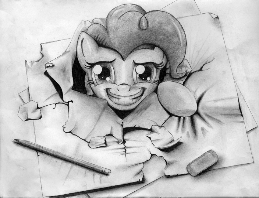 breaking_the_fourth_wall creepy equine eraser female friendship_is_magic greyscale grin hereticofdune horse looking_at_viewer mammal monochrome my_little_pony paper pencil pinkie_pie_(mlp) plain_background pony shaded simple_background sketch solo tear tears white_background