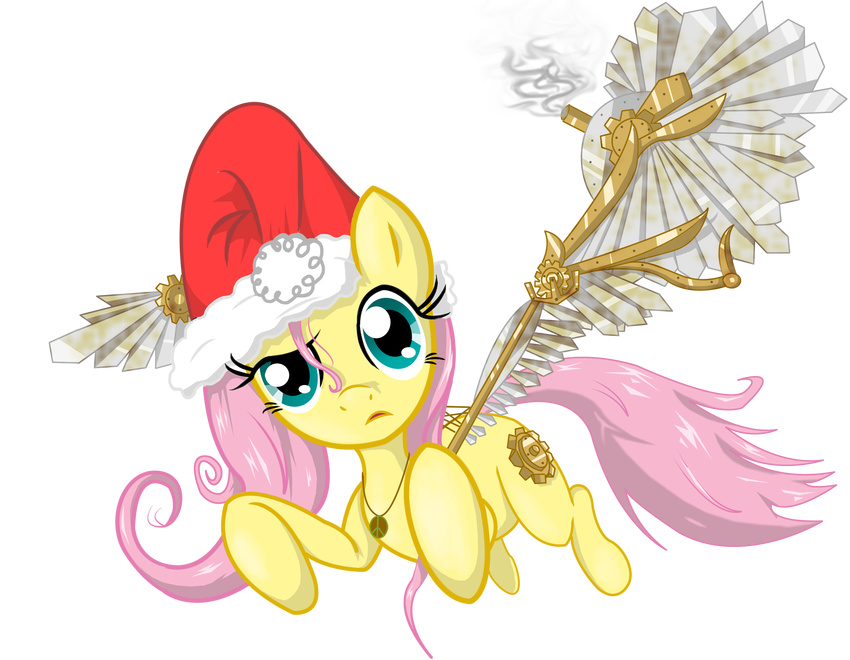 &#9774; ? alpha_channel christmas cutie_mark equine female feral fluttershy_(mlp) friendship_is_magic gears green_eyes hair hat hereticofdune holidays horse looking_at_viewer mammal mechanical my_little_pony necklace pegasus pink_hair plain_background pony santa_hat simple_background solo steam steampunk transparent_background wings